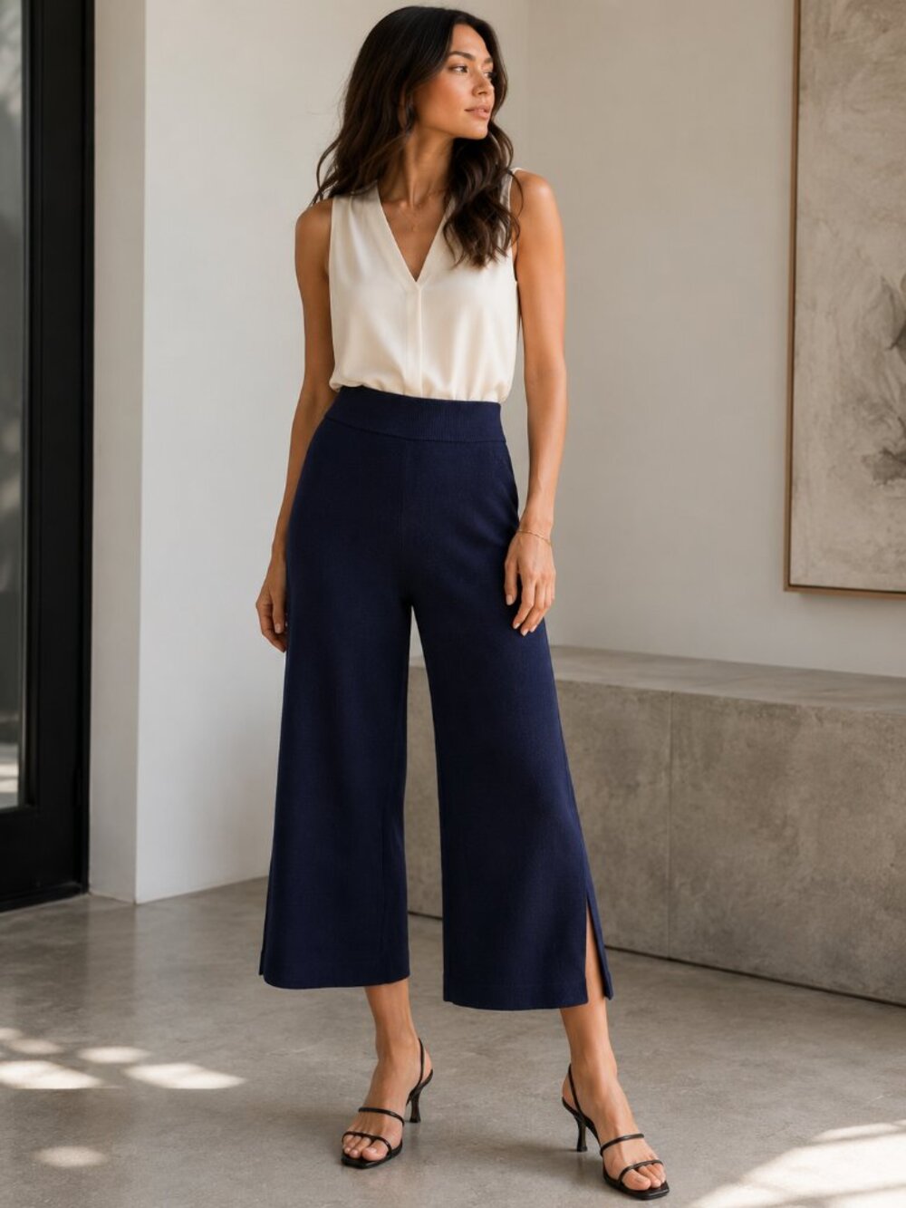 St. John Evening Santana Knit Navy Wide Leg Crop Pants Slit Hem USA 4